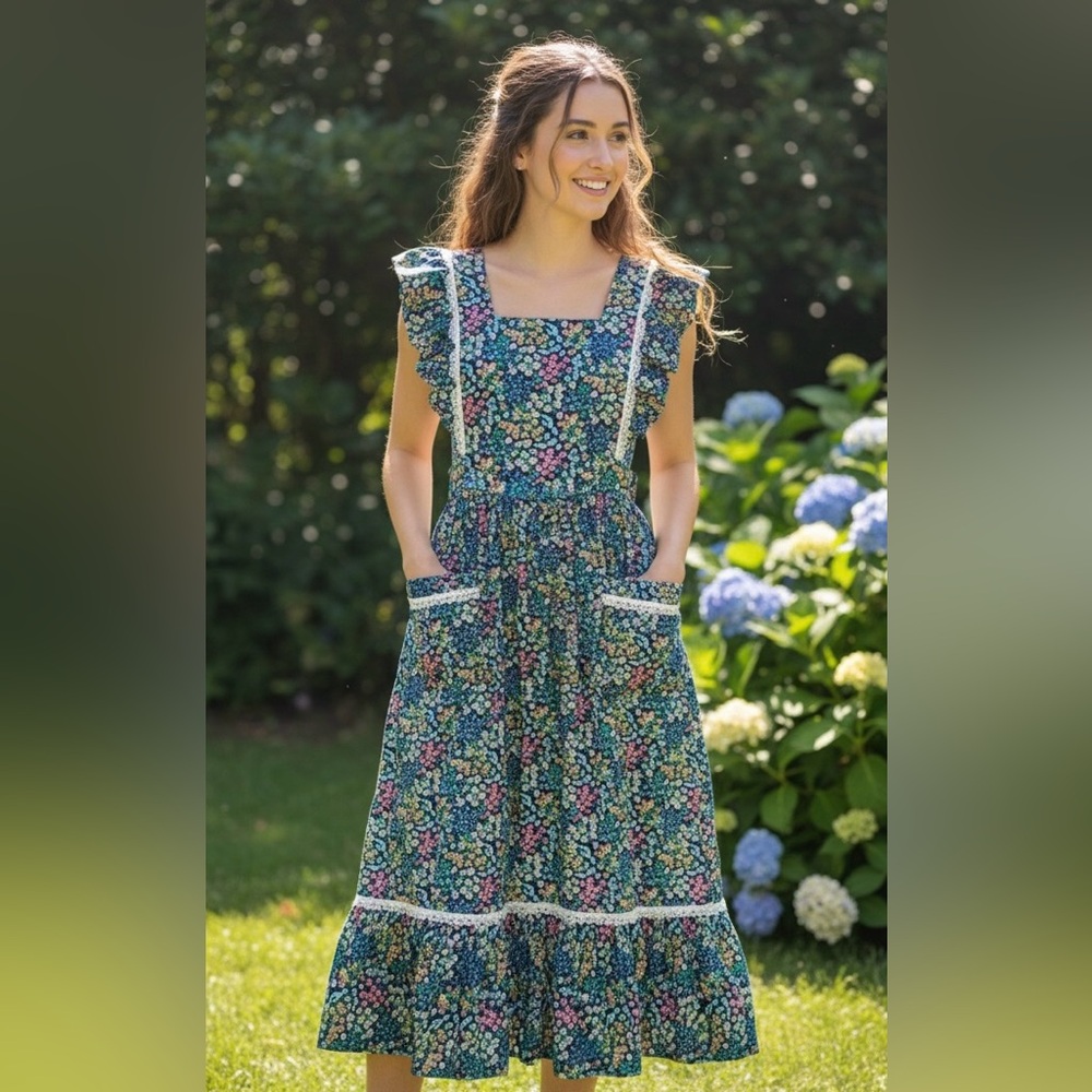 👗 Vintage Gunne Sax Style Prairie Dress Floral Pattern V-Neck w/ Pockets👗